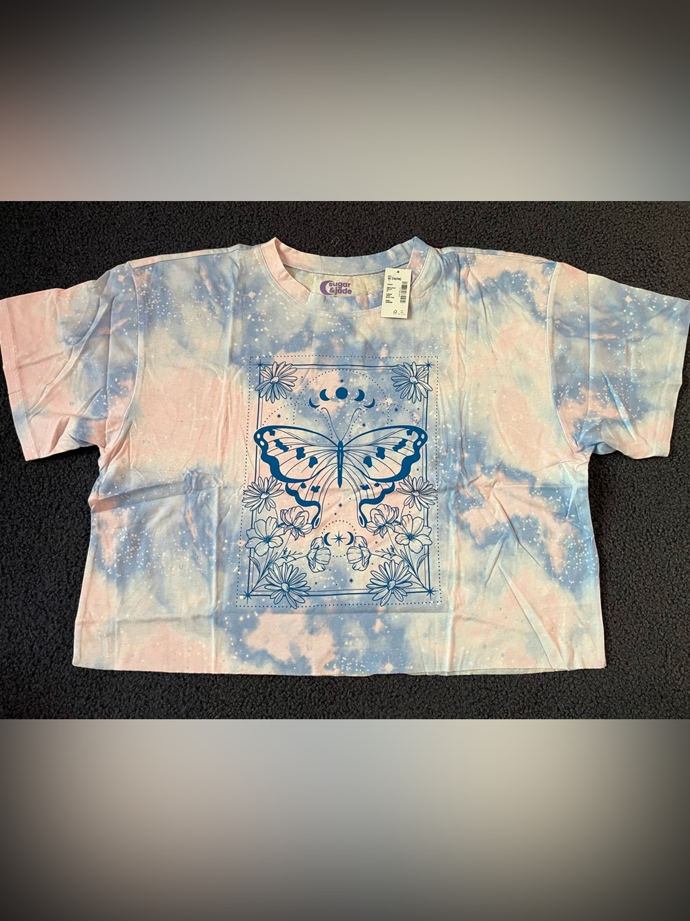 Tie-Dye Butterfly Graphic Oversized Crop Tee - Pink & Light Blue